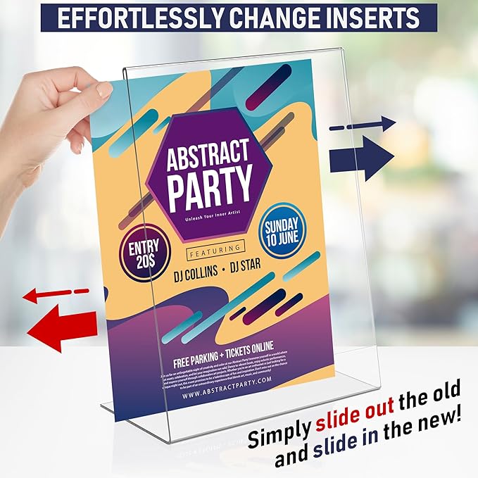 Dasher Products Slant Back Acrylic Sign Holder 5x7, 6-Pack Clear Frame Stand for Photos, Signs, Menus, Documents, Flyers, and More. Slanted Ad Display Stand for Tabletop Use