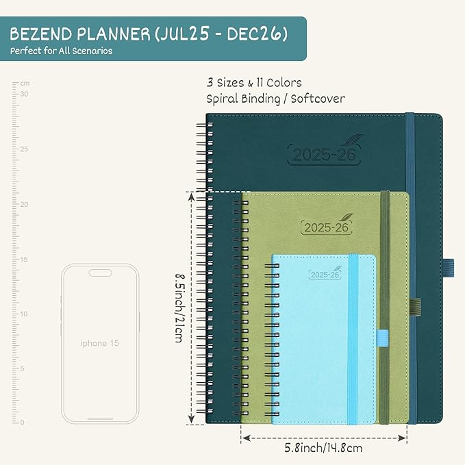 BEZEND 2026 Planner Weekly and Monthly (6" x 8.5") Daily Calendar Book with Tabs (Jul 25-Dec 26) Vertical Hourly Timeslots, Storage Pocket, Pen Holder, Spiral, PU Leather Softcover - Mint Green