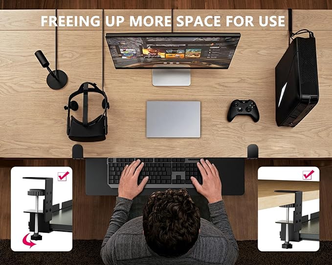 Large Keyboard Tray Under Desk, Adjustable Keyboard Tray with C-Clamp Hardware 29.5″ W x 9.5″ D Slide Out Computer Keyboard & Mouse Tray for Typing Home Office Black