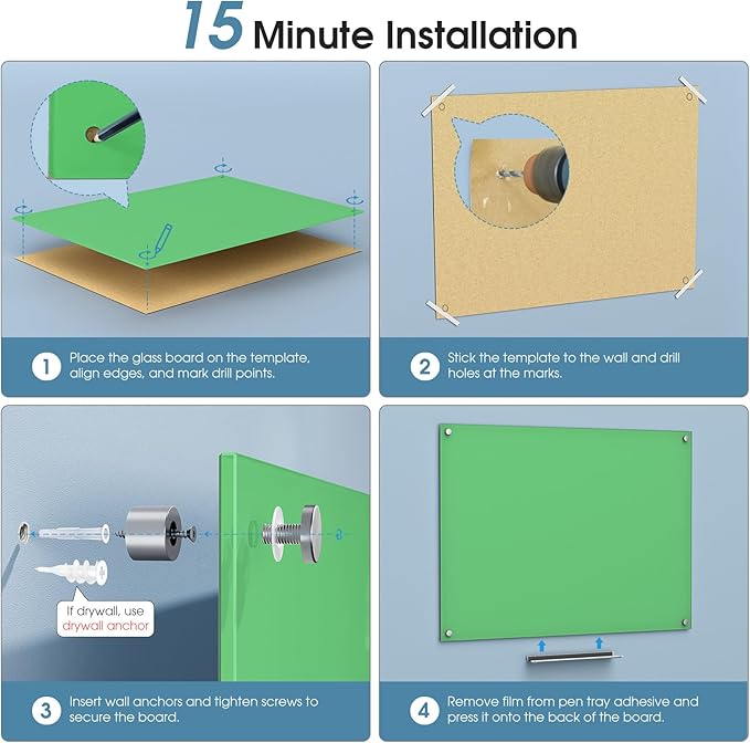 MaxGear Glass White Board 36x24, Green Wall Mounted Magnetic Glass Dry Erase Board, Large Frameless Whiteboard with 1 Eraser,3 Markers and 6 Magnets for Office, School, Home