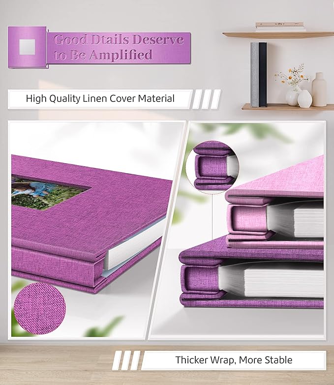 Photo Album Self Adhesive Scrapbook Album for 3x5 4x6 5x7 8x10 Pictures,60 Pages Linen Cover with Display Window DIY Photo Book,Ideal Gifts for Family Travel Wedding Baby