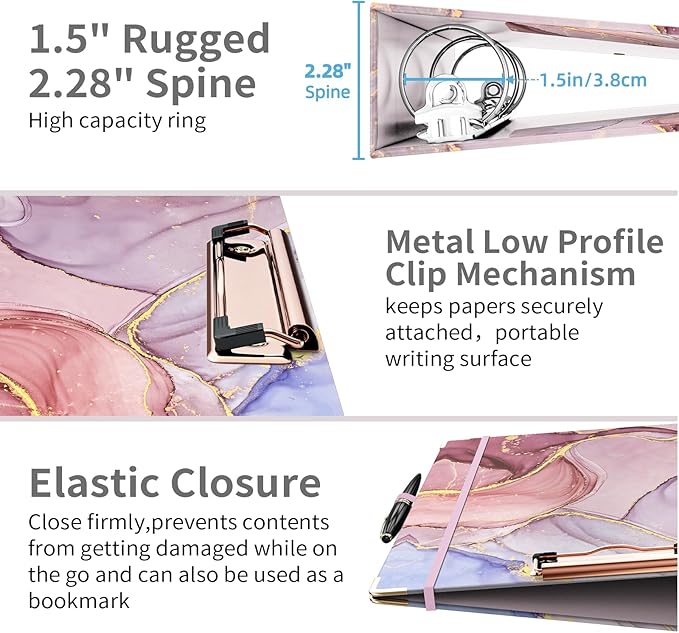 Ospelelf 3 Ring Binder 1.5 Inch, Pink Clipboard Organizer for Letter Size Documents (11" x 8.5") with 5 Tab Dividers, File Folder Labels, Paper Marble Binders for School and Office Supplies