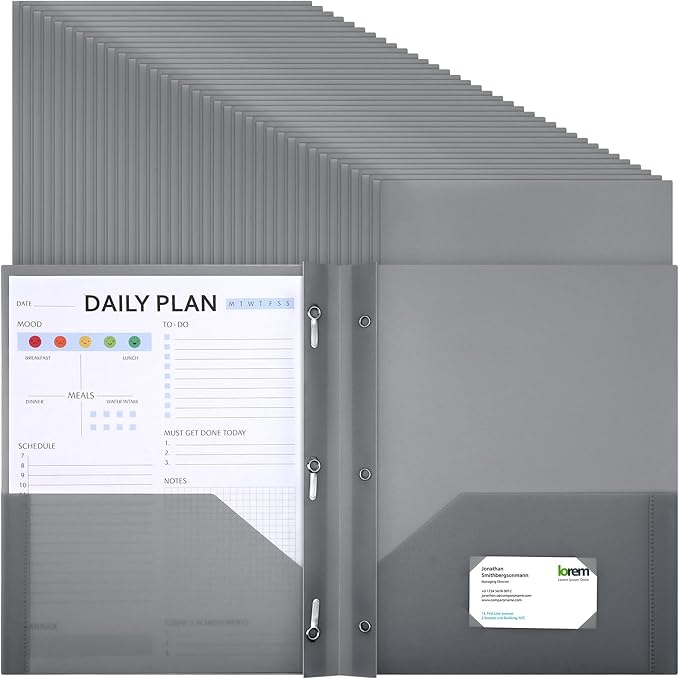 Patelai 48 Pcs Plastic Folders with 2 Pockets and 3 Prongs Home Folders with Card Slot Letter Size Heavy Duty Report Covers for Back to School(Gray,Classic)