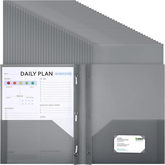 Patelai 48 Pcs Plastic Folders with 2 Pockets and 3 Prongs Home Folders with Card Slot Letter Size Heavy Duty Report Covers for Back to School(Gray,Classic)