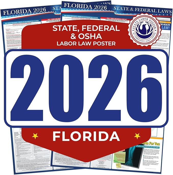 2026 Florida State and Federal Labor Law Poster - English Pack of 2 - OSHA Workplace Compliant - Mandatory Regulations Posting for Employees - Required Compliance Posting 17" x 40" Laminated (English Pack of 2)