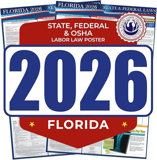 2026 Florida State and Federal Labor Law Poster - English Pack of 2 - OSHA Workplace Compliant - Mandatory Regulations Posting for Employees - Required Compliance Posting 17" x 40" Laminated (English Pack of 2)