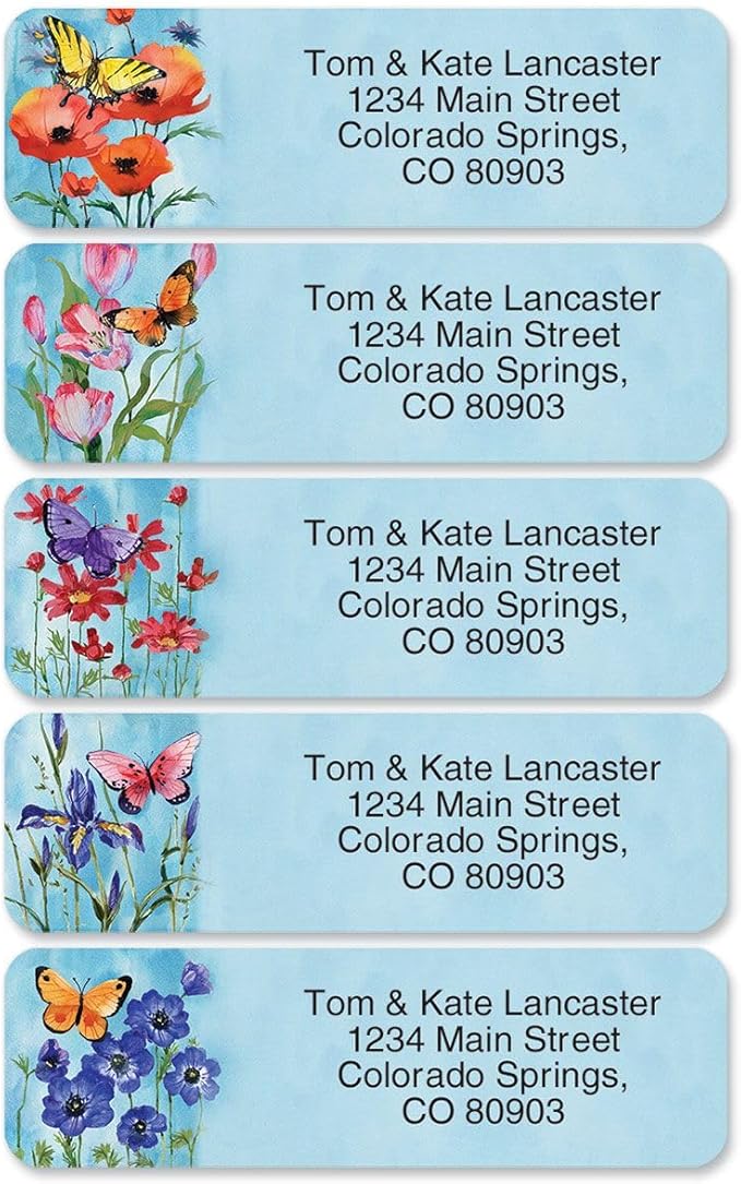 Colorful Images Floral Wings Rolled Personalized Return Address Mailing Labels with Dispenser, 5 Designs, Set of 250, Small ¾ x 2½ Inch Size, Custom Self-Adhesive Sticker Roll