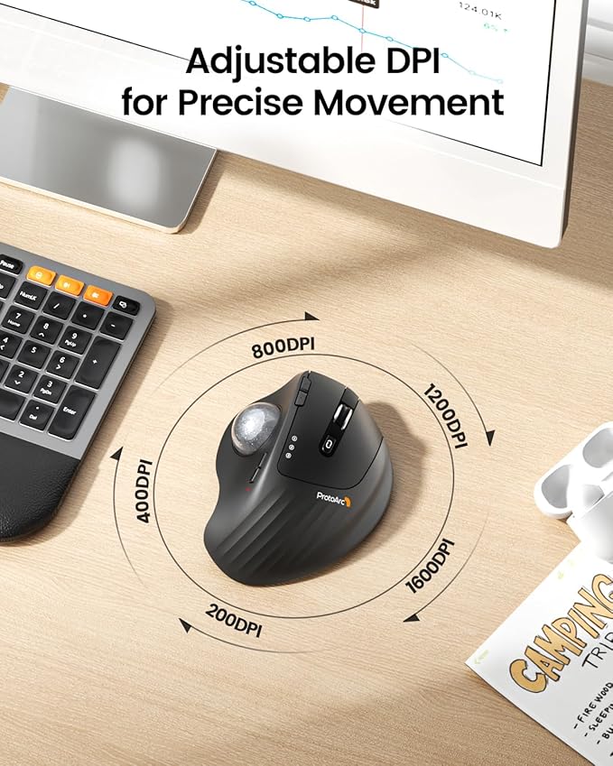 ProtoArc Wireless Trackball Mouse, EM01 NL Ergonomic Bluetooth Rollerball Thumb Rechargeable Computer Laptop Mouse, Adjustable Angle & 3 Device Connection for PC, Mac, Windows-Silver Ball