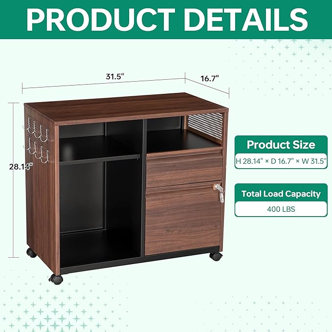 Letaya Mobile 2 Drawer File Cabinet with Lock, Metal Lateral Printer Stand Filing Storage Cabinets with Shelves for Home Office-A4/F4/Letter