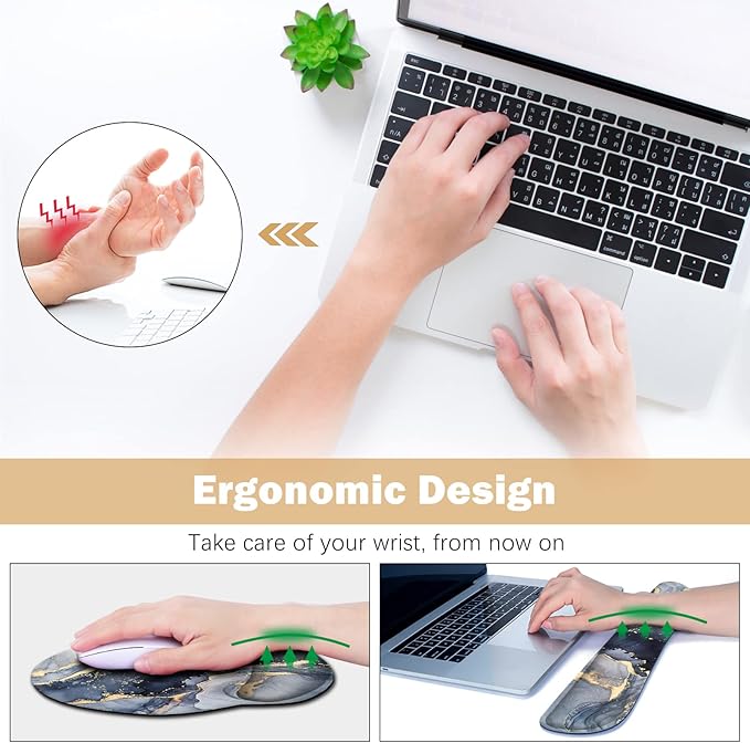 ARTSO Large Mouse Pad Ergonomic Keyboard Wrist Rest Support Combo, Memory Foam Gel Extended Desk Mat Protector, Non-Slip Desk Blotter, Dark Blue Marble