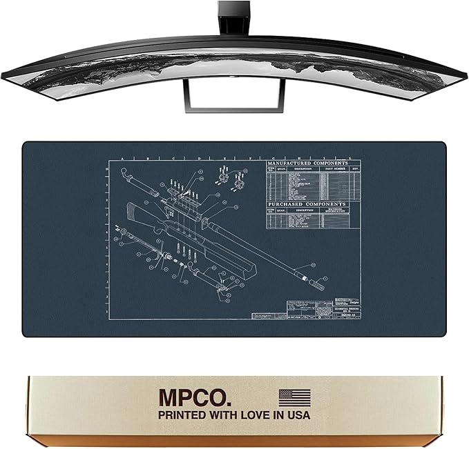 MPCO. Blueprints Large Gaming Desk Pad - 36" x 17" Duraglyde Fabric Browning 50 Cal – Blue Desk Mats - Non-Slip, Washable, Smooth Glide for Precision Gaming & Work