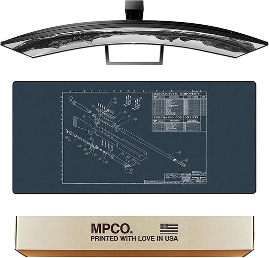 MPCO. Blueprints Large Gaming Desk Pad - 36" x 17" Aeroglyde Fabric Browning 50 Cal – Blue Desk Mats - Non-Slip, Washable, Smooth Glide for Precision Gaming & Work