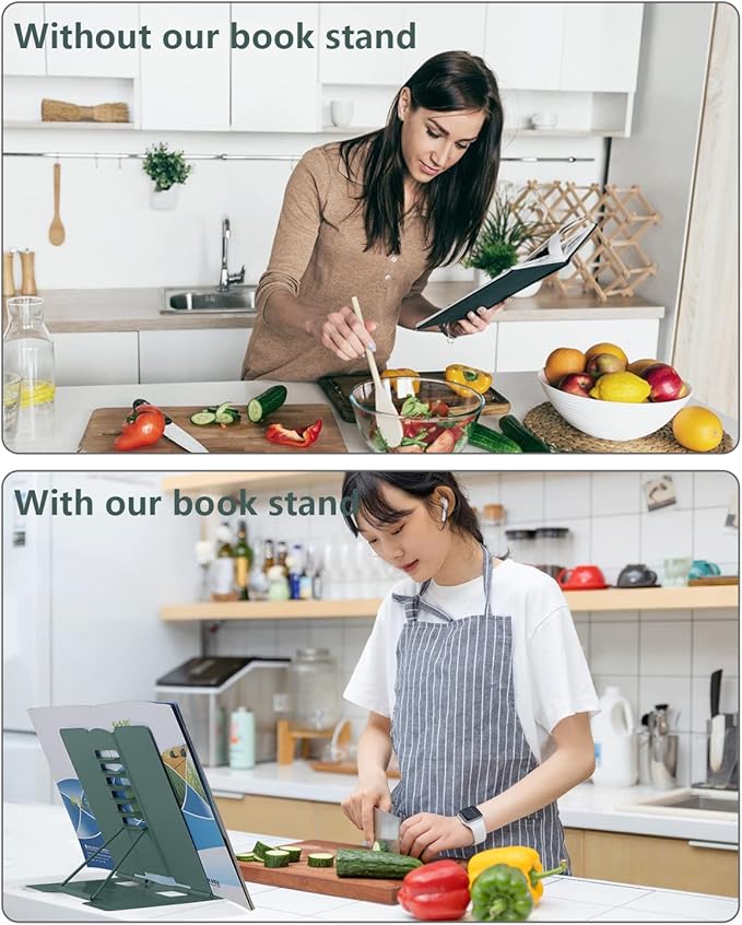 MSDADA Desk Book Stand, Metal Reading Book Stand Adjustable Cookbook Holder for Textbooks Recipes Music Books Tablet-with Page Clips(Morandi Green)