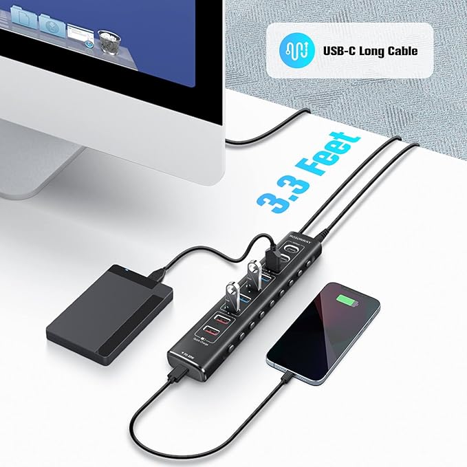 Rosonway 10-Port Powered USB 3.2/USB C Hub 60W with 3x10Gbps USB-3.2 Ports (2C + 1A), 4 USB 3.0 Data Ports, 1 USB-C PD and 2 USB-A Fast Charging Ports, Aluminum USB Splitter for Laptop/PC, RSH-A10QPD