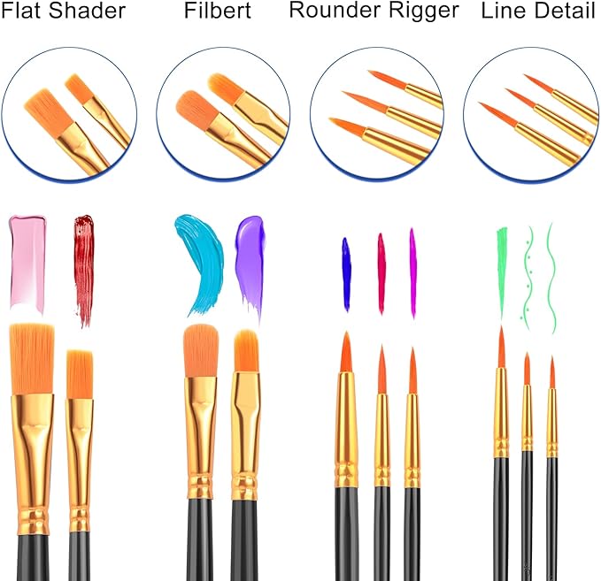 ESRICH Paint Brush Set,6 Packs 60 Pcs Nylon Hair Paint Brushes for Acrylic Painting,Artist Paintbrushes for Acrylic,Oil,Watercolor Painting,Face Nail Art,Paint Brushes for Kids,Black