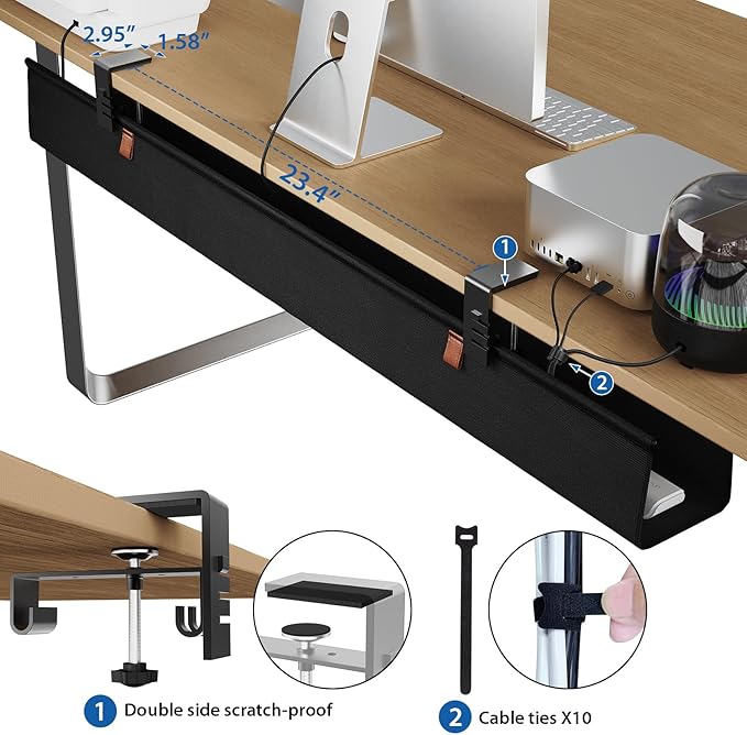 Zilink No Drill Under Desk Cable Management Tray 40" Cord Organizer for Table Clamp/Screw Mount Cable Management Under Desk Waterproof Fabric Cable Management Tray for Office, Home