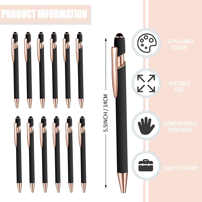 12 Pcs Blue Ink Ballpoint Pen with Stylus Tip, 1.0 mm Metal Pen Stylus Pen for Touch Screens, 2 in 1 Thank You Pen Gift for Friends, Colleagues, Coworker, Office, Family (Black Rose Gold)