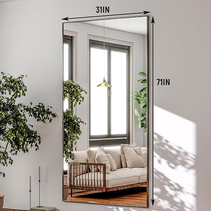GLSLAND 71"x31" Full Length Mirror Extra Large Hanging or Leaning Rectangle Mirror Aluminum Alloy Thin Frame Bedroom Floor Dressing,Black