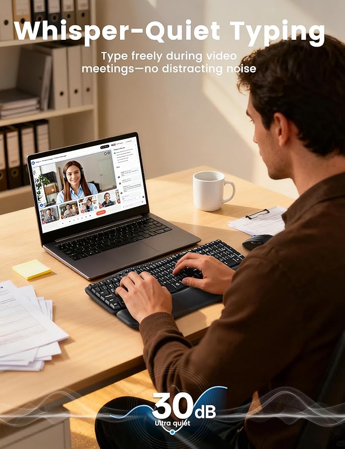 Quiet Wireless Keyboard and Mouse Combo, 30dB Silent Full-Size Ergonomic Keyboard Set with Wave Keys & Soft Palm Rest, Dual-System Switch for Windows/Mac, Ideal for Business Teams Home Office—Sablute