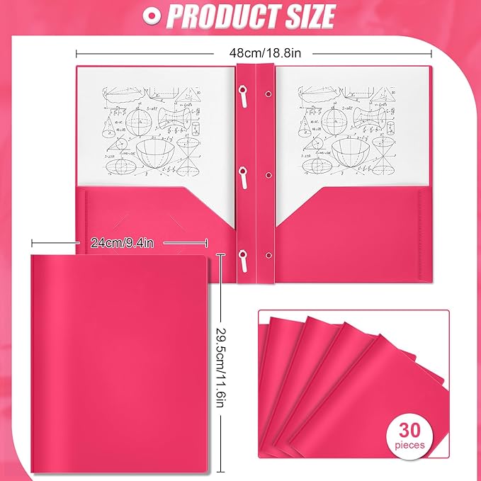 Yeaqee 30 Plastic Folders with Pockets and Prong Plastic Folders with 2 Pockets Pocket for Office, School for Students, Teachers, Office Workers (Rose Pink)