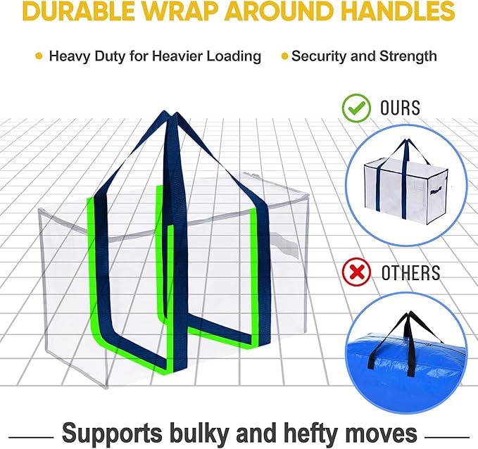 VENO 4 Pack Moving Bags, Heavy Duty, Moving Boxes Alternative, Packing Storage Supplies for Dorm Room Essentials with Zipper for Clothes, Extra Large Totes for Packaging (Clear, 4 Pack)