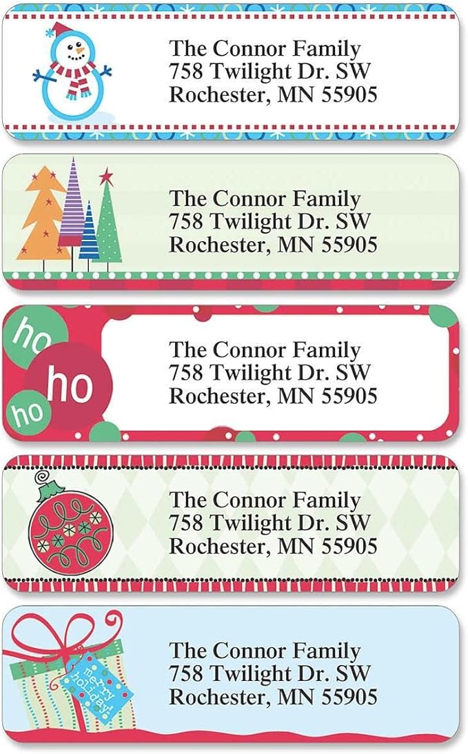 Christmas Designs Rolled Personalized Return Address Mailing Labels with Dispenser, Set of 250, 5 Designs, Small ¾ x 2½ Inch Size, Custom Self-Adhesive Sticker Roll, by Colorful Images