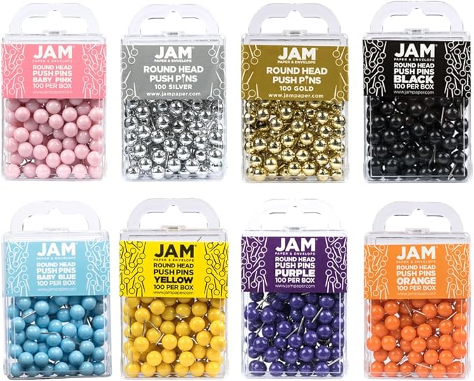 JAM PAPER Colorful Push Pins - Round Head Thumb Tacks - Assorted Color Pushpins - 8 Packs of 100