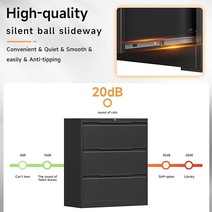 Lateral File Cabinet with Lock, 3 Drawer Lateral Filing Cabinet for Office Home, Locking Metal Steel Wide for Hanging Files Letter/Legal/F4/A4 Size, Easy Assemble Black