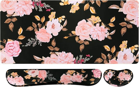 iCasso Keyboard Mouse Pad Set,Extended Gaming Mouse Pad + Keyboard Wrist Rest Support, Memory Foam, Easy Typing Pain Relief, 3Pcs (35.4×15.7 in) Large Ergonomic XXL Thick Mousepad Desk Mat