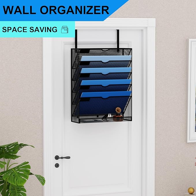 6-Tier Hanging File Organizer Office Cubicle Accessories for Work Organizer Wall Mount File Holder for Mails Folders Papers Magazine Organization, Black