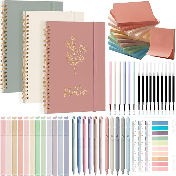 58PCS Aesthetic School Supplies, Cute College Ruled A5 Spiral Notebook Stationary Set Back to School Supplies Bible Study Kit Office College Essentials with Pastel Highlighters for Women Student Girls