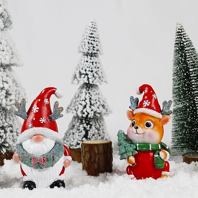 Christmas Gnome Figurines 2 PCS Resin Reindeer Decoration Indoor Collectible Statue Cute Holiday Ornament for Table Home