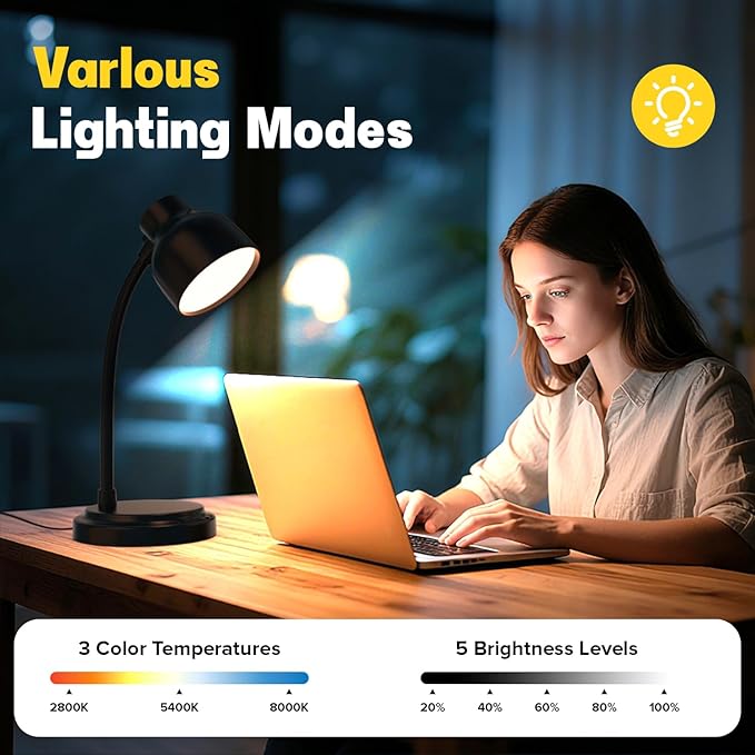 LED Desk Lamp for Office Home,Table lamp,Desk Lamp for College Dorm Room,4 Brightness Dimmable Table Lamp, Reading Light with a Timer Function(Black)