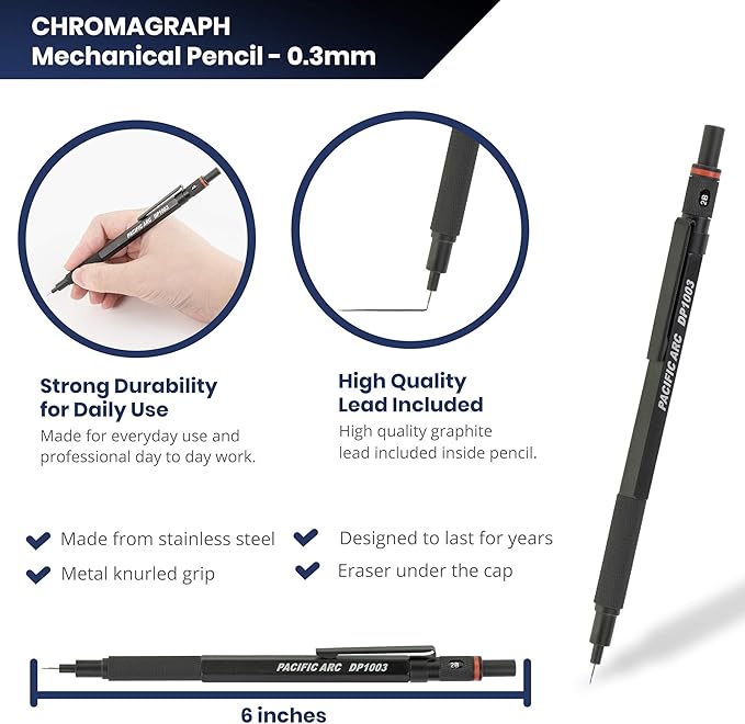 Pacific Arc Chromagraph Metal Mechanical Pencil .3 mm Black Barrel Mechanical Pencil with Built In Lead Pencil Grade Indicator, Lead Pencil Holder for Drafting, Sketching, and Drawing