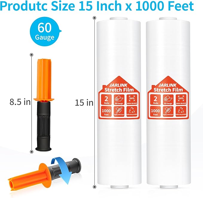 JARLINK Stretch Film, 15 Inch x 1000 Feet Shrink Wrap for Pallet Wrap, Industrial Strength Stretch Wrap with Handles, Moving Wrapping Plastic Roll, 60 Gauge, 2 Pack, Clear