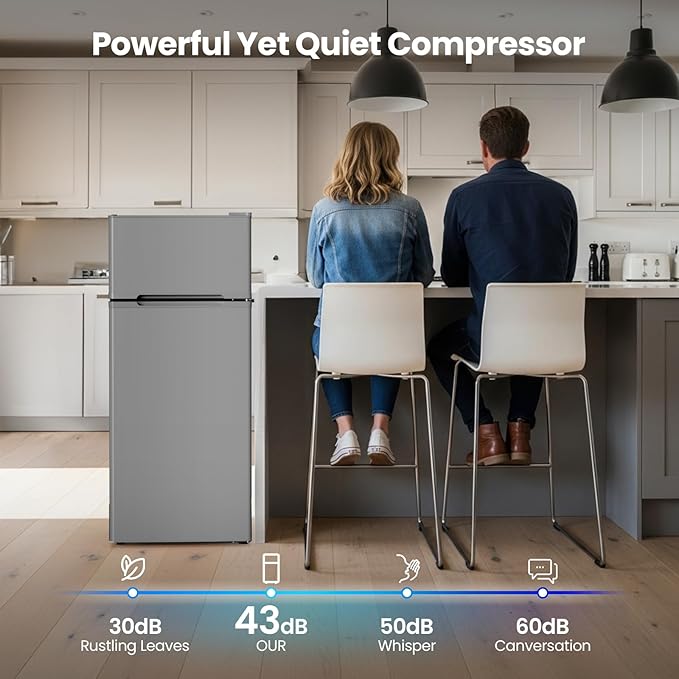 Kismile 4.5 Cu.Ft Mini Fridge with Freezer, Compact Mini Refrigerator with Adjustable Removable Glass Shelves,Small Fridge with 2 Doors for Home,Kitchen,Dorm,Apartmen,Grey