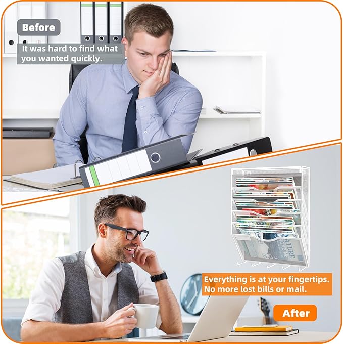 6 Tier Magnetic File Holder with Hook, Magnetic File Organizer Folder Holder, Wall File Organizer, Hanging Magnetic Paper Holder for File Cabinets, Office, Whiteboard, Magnetic Mail Holder