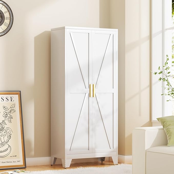 61H Metal Storage Cabinet with 2 Doors and 5 Shelves,Farmhouse Storage Cabinet with Barn Doors,Pantry Storage for Home,Office,Bathroom,Dining Room,Kitchen(White)