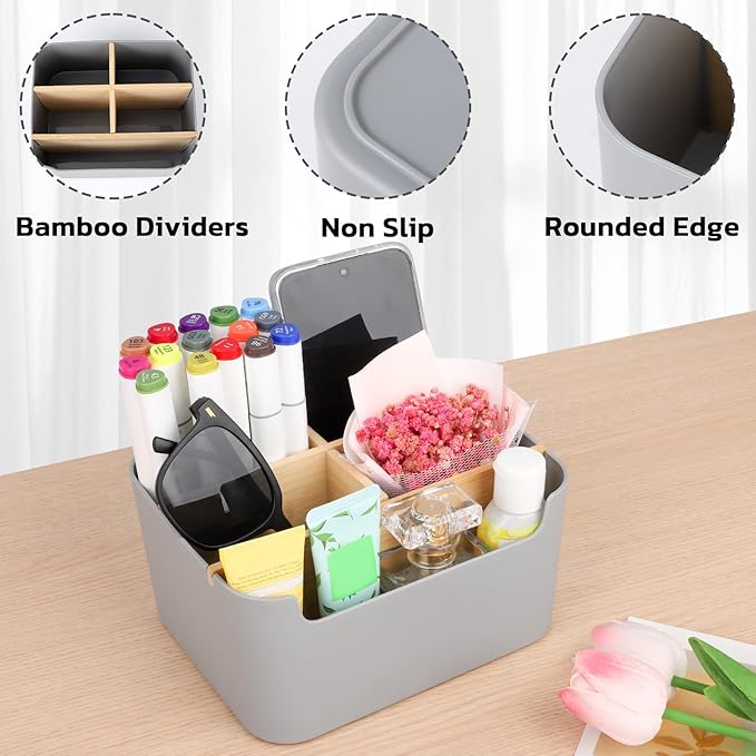 Segarty Gray Desk Storage Organizer, Detachable Divided Bamboo Remote Control Holder Caddy, Desktop Pen Pencil Holder Container Box for Office Supplies Home Bedside Table