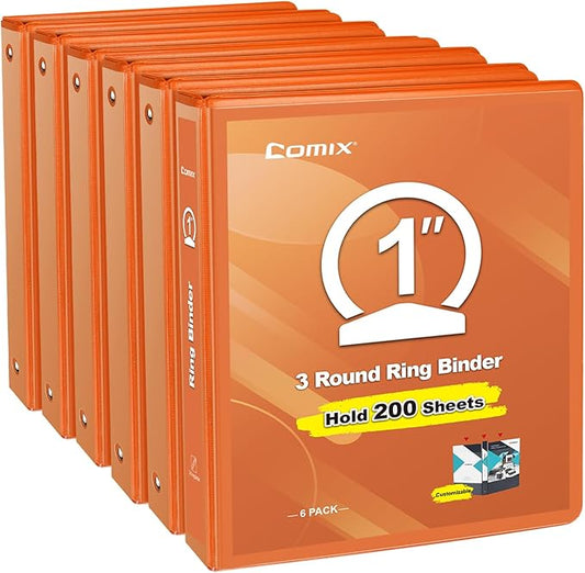 COMIX 3 Ring Binder 1 inch with Clear View Cover, 1" View Binder Holds 200 Sheets of US Letter Size Paper, 6 Pack (Orange)