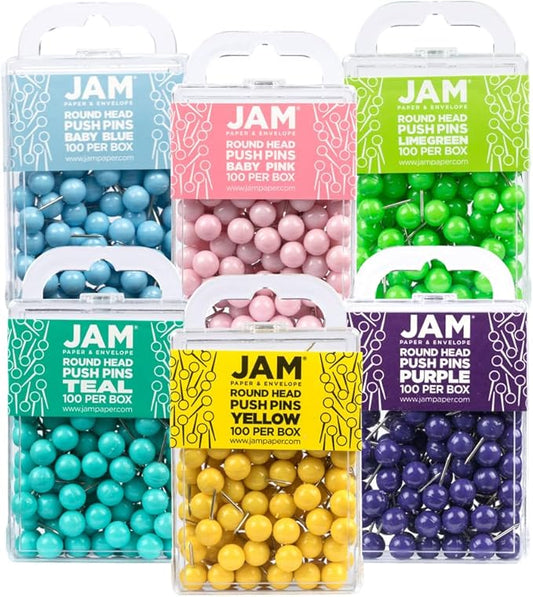 JAM PAPER Colorful Push Pins - Round Head Map Thumb Tacks - Assorted Spring Colors - 600/Pack