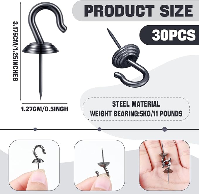Hotop 30 Pieces Push Pin Wall Hooks Metal Thumb Tack Hangers Iron Alloy Nail Decorative Picture Hooks for 20 Lbs Home Office School Party Supply (Black)