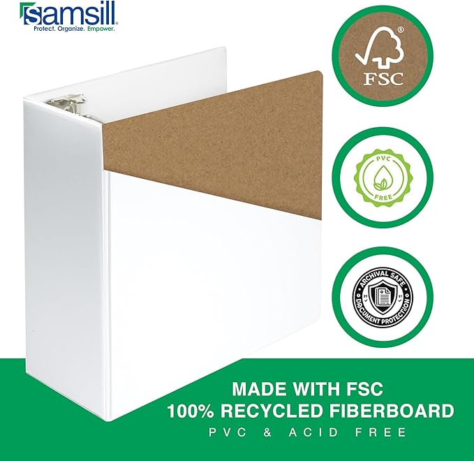 Samsill Durable 5 Inch Binder, Made in The USA, D Ring Binder, Customizable Clear View Cover, Pearl White, Holds 1050 Pages