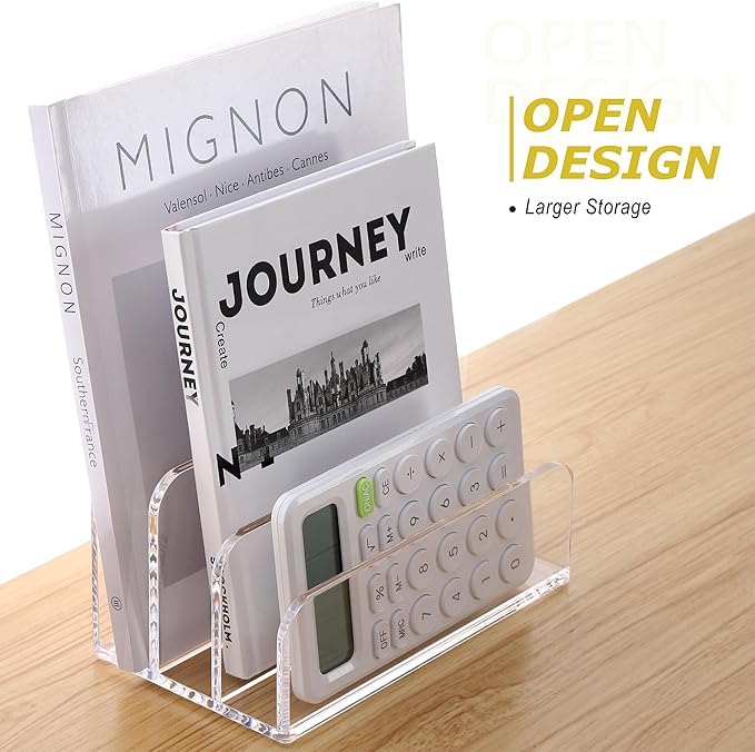 SANRUI Acrylic Mail File Organizer Sorters for Desk, 3 Upright Compartments Laddered Clear Desktop Vertical Letter Holder, Multifunction Envelope Folder Racks Holders for Office,Home, School