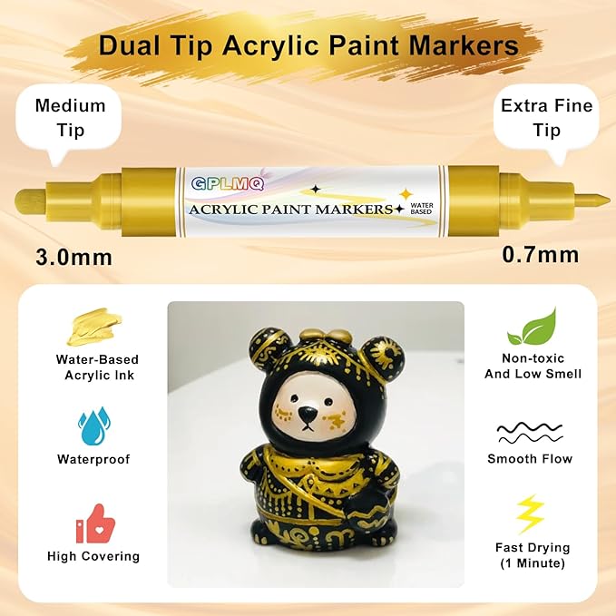 Paint Markers Paint Pens - 2 Pack Dual Tip Acrylic Permanent Marker (0.7mm & 3mm), Non-Toxic, Water-Based for Art Painting, Stone, Ceramic, Glass, Wood, Fabric, Metal, DIY Crafts (Gold)