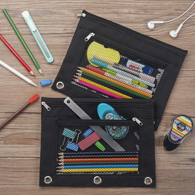 Sooez Pencil Pouch for 3 Ring Binder, 2 Pack Fabric Binder Pouch with 2 Pockets, Pencil Bags with Zipper and Reinforced Grommets, Pencil Cases for Binder