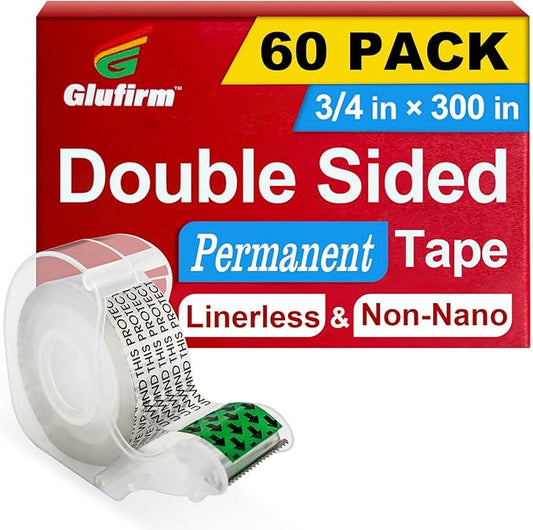 Double Sided Tape for Gift Wrapping with Dispenser, 3/4 in x 300 in, Double Stick Tape 60 Pack, Christmas Wrapping Paper Tape, Linerless, Office and School Supplies
