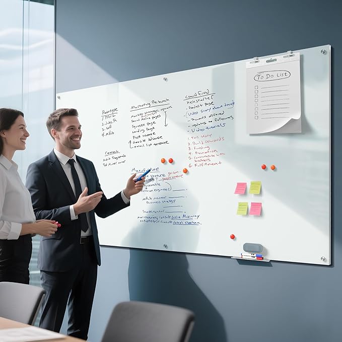 MaxGear Glass White Board 96x48 Inches, Wall Mounted Magnetic Glass Dry Erase Board, Extra Large Frameless Whiteboard with 1 Eraser,3 Markers and 6 Magnets for Office, School, Home