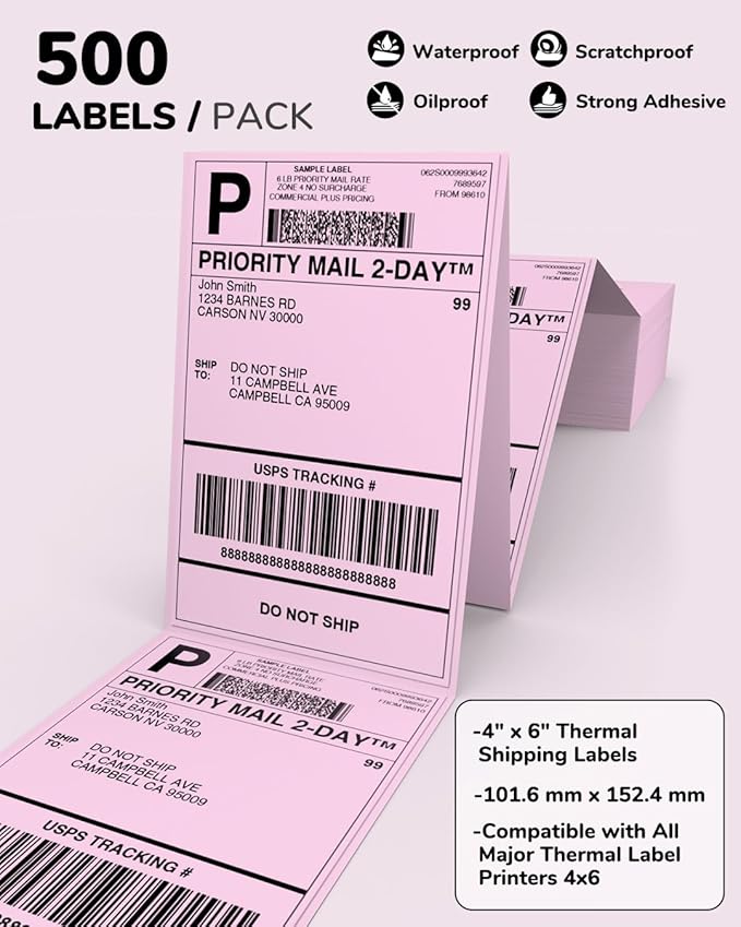 Pink Thermal Labels 4x6 for Shipping Label Printers - 500 PCS Pink Shipping Labels Compatible with Thermal Printers 4x6, Water/Oilproof Label Paper, Use for Logistics Business