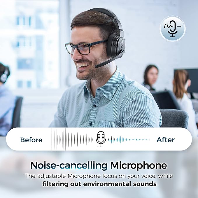 Trucker Bluetooth Headset, Wireless Headsets with Noise Cancelling Microphone, 50+Hrs HD Talktime Bluetooth Headphones with Detachable Earpad/Single+Dual Mode for Office/Driving/Home